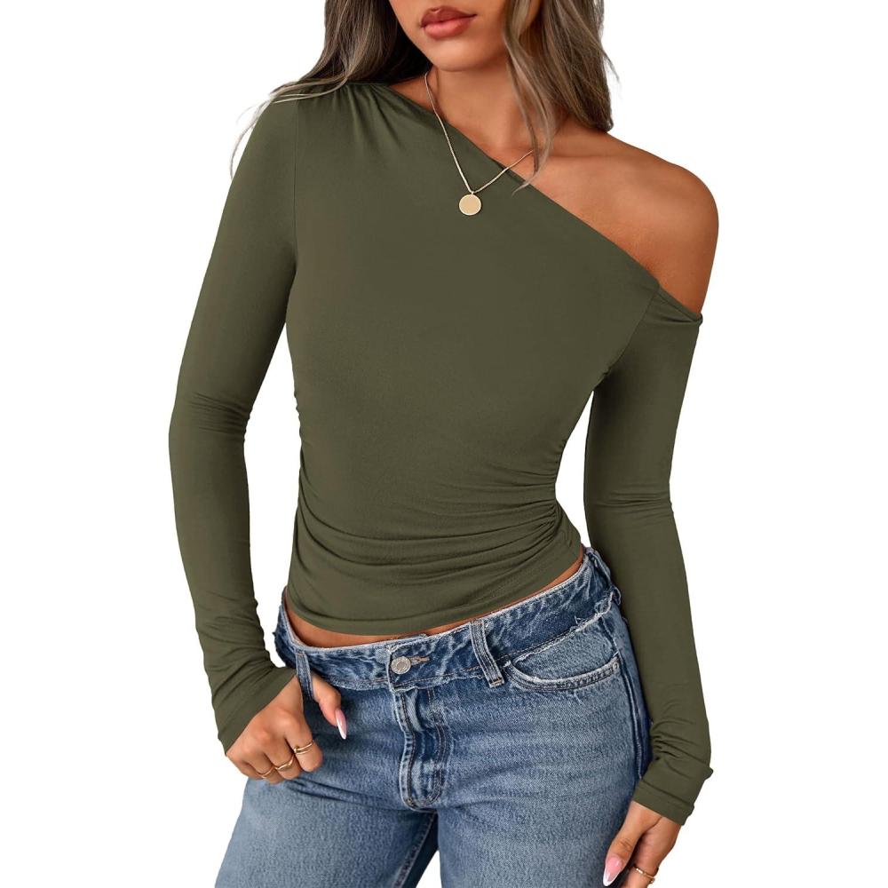 imagePRETTYGARDEN Womens Off Shoulder Long Sleeve Shirts 2026 Fall Ruched Fitted Asymmetrical Going Out Tops Trendy Y2K ClothesArmy Green