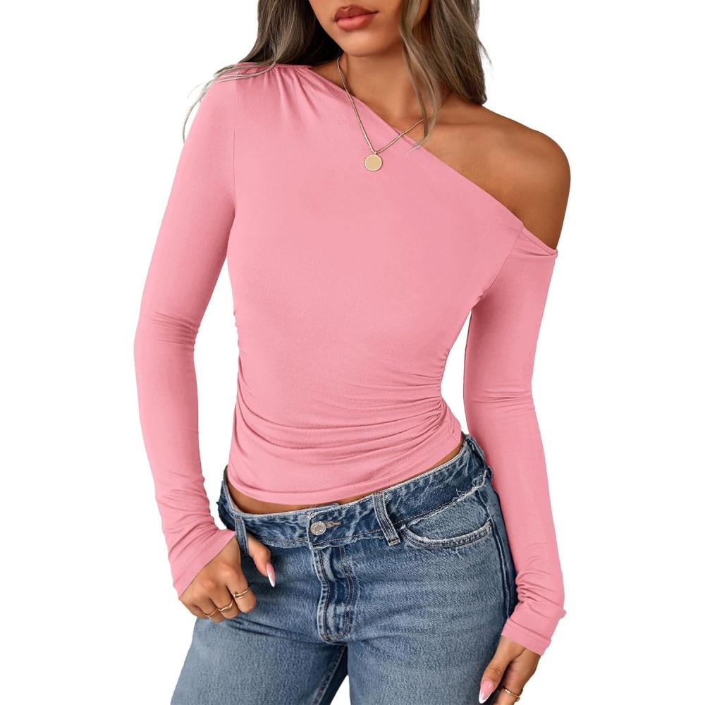 imagePRETTYGARDEN Womens Off Shoulder Long Sleeve Shirts 2026 Fall Ruched Fitted Asymmetrical Going Out Tops Trendy Y2K ClothesPink