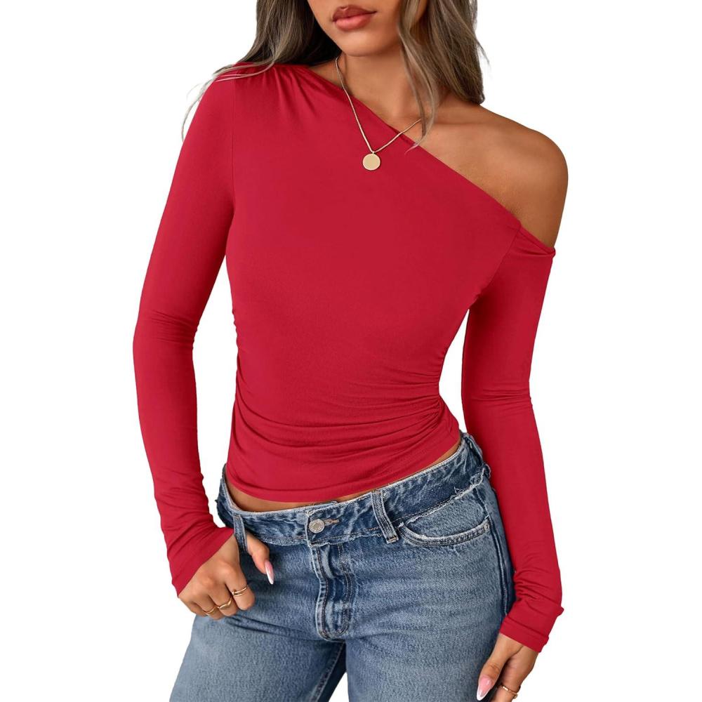 imagePRETTYGARDEN Womens Off Shoulder Long Sleeve Shirts 2026 Fall Ruched Fitted Asymmetrical Going Out Tops Trendy Y2K ClothesRed