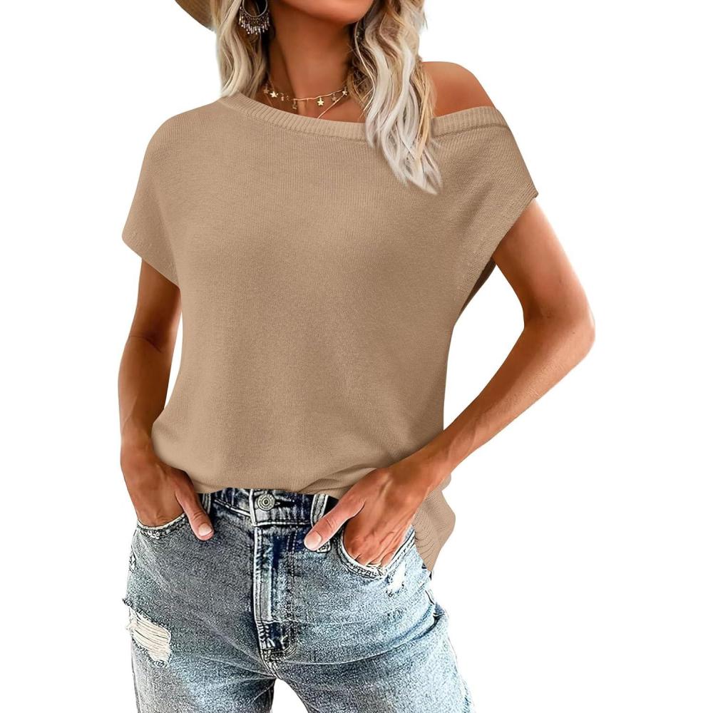 imagePRETTYGARDEN Womens Off The Shoulder Tops 2026 Summer Casual Short Sleeve Tunic T Shirts Lightweight Knit SweatersKhaki