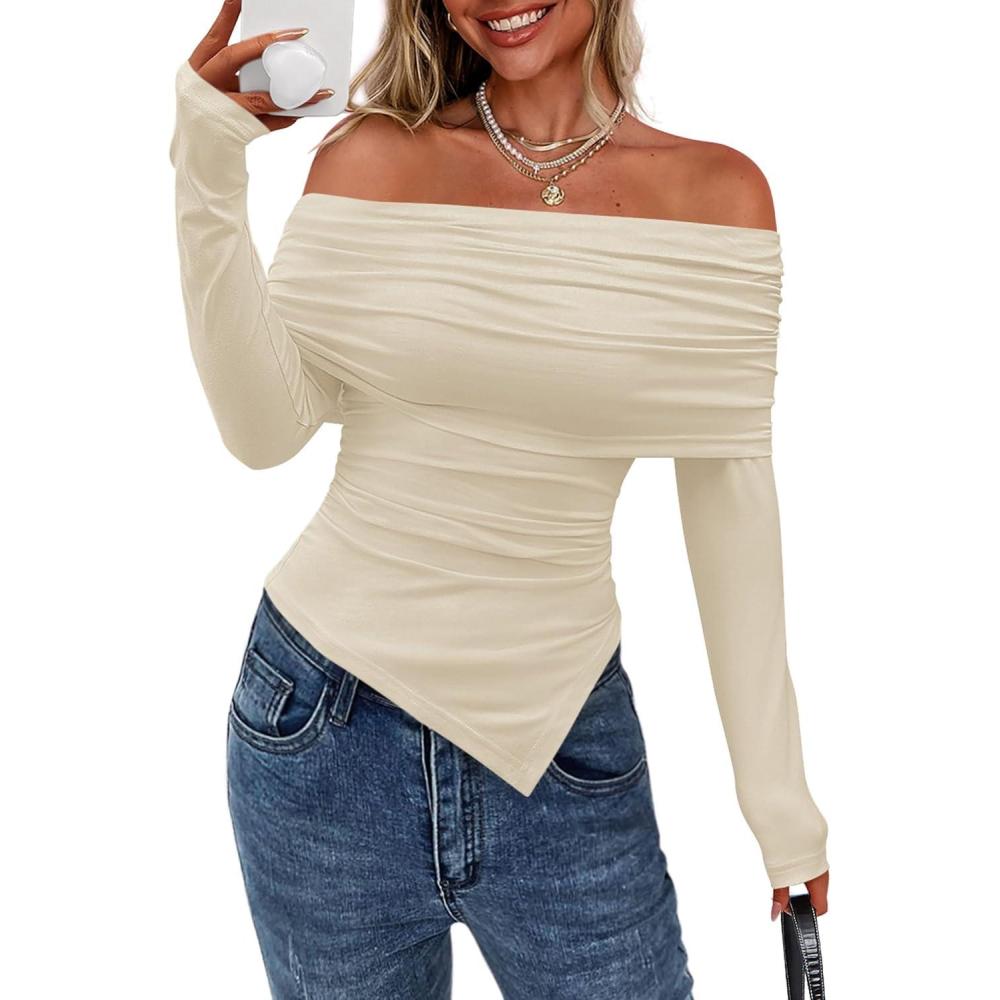 imagePRETTYGARDEN Womens Off The Shoulder Tops Spring Fashion 2026 Long Sleeve Shirts Going Out Slim Fitted Blouses Fall ClothesBeige