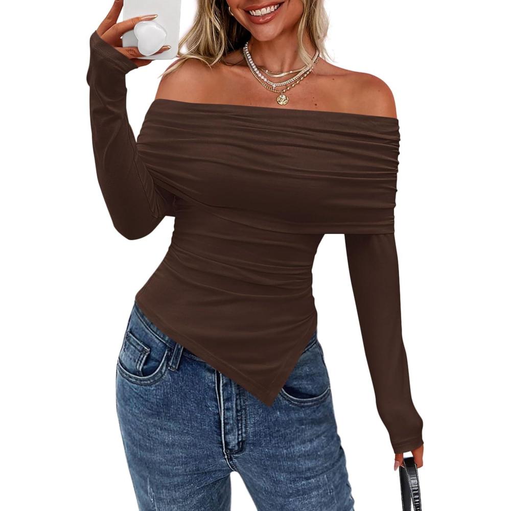 imagePRETTYGARDEN Womens Off The Shoulder Tops Spring Fashion 2026 Long Sleeve Shirts Going Out Slim Fitted Blouses Fall ClothesBrown