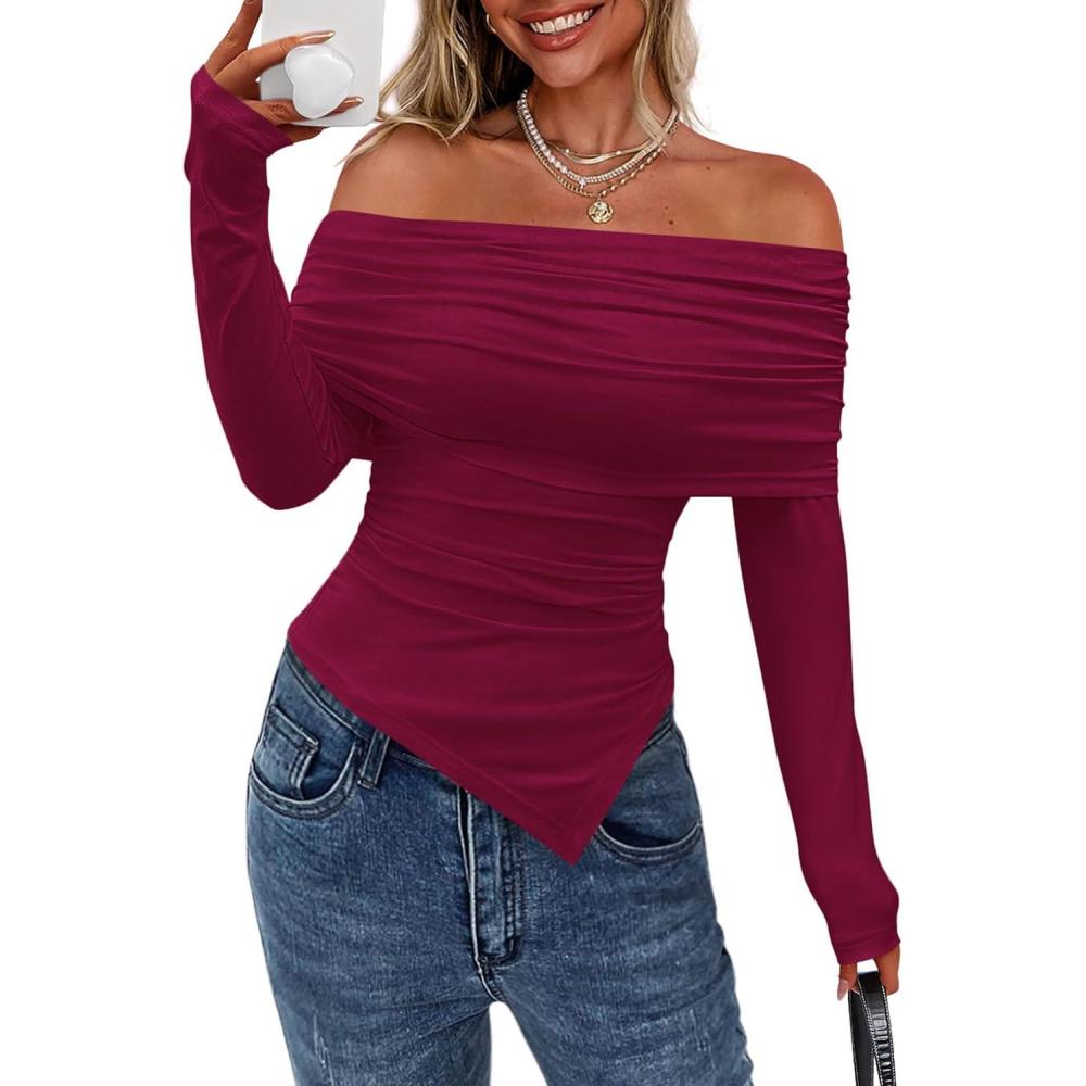imagePRETTYGARDEN Womens Off The Shoulder Tops Spring Fashion 2026 Long Sleeve Shirts Going Out Slim Fitted Blouses Fall ClothesBurgundy