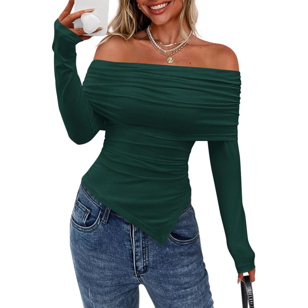 imagePRETTYGARDEN Womens Off The Shoulder Tops Spring Fashion 2026 Long Sleeve Shirts Going Out Slim Fitted Blouses Fall ClothesGreen