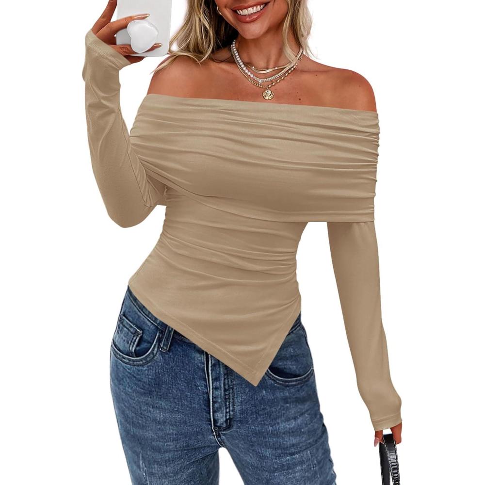 imagePRETTYGARDEN Womens Off The Shoulder Tops Spring Fashion 2026 Long Sleeve Shirts Going Out Slim Fitted Blouses Fall ClothesKhaki