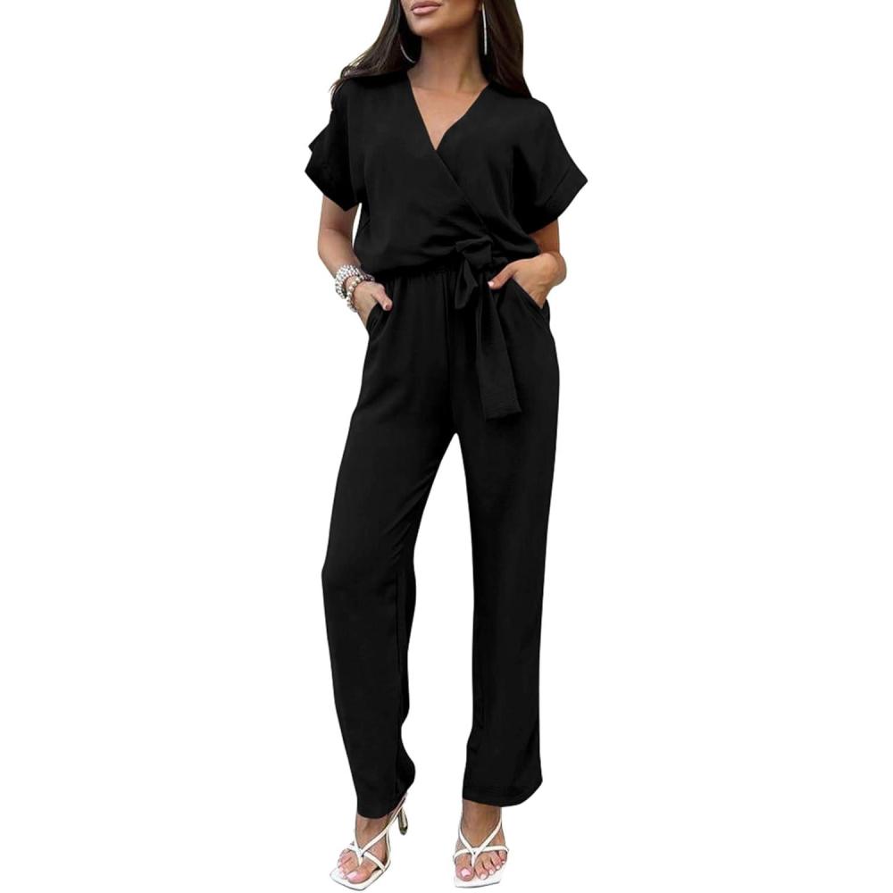 imagePRETTYGARDEN Womens One Piece Jumpsuits Dressy Casual Summer Short Sleeve Wrap V Neck Wide Leg Pants Romper Spring ClothesBlack