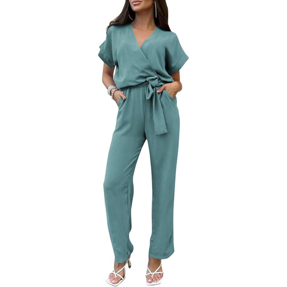 imagePRETTYGARDEN Womens One Piece Jumpsuits Dressy Casual Summer Short Sleeve Wrap V Neck Wide Leg Pants Romper Spring ClothesBlue Green