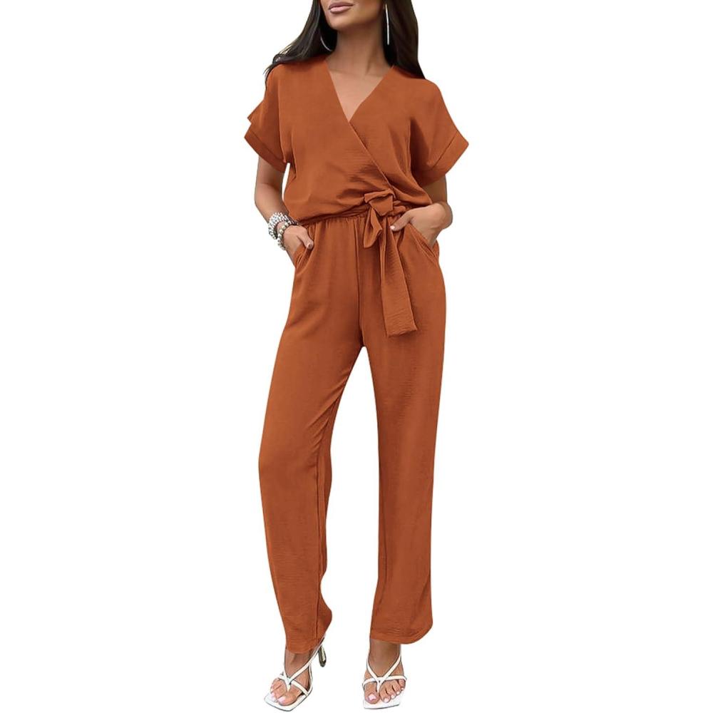imagePRETTYGARDEN Womens One Piece Jumpsuits Dressy Casual Summer Short Sleeve Wrap V Neck Wide Leg Pants Romper Spring ClothesCaramel