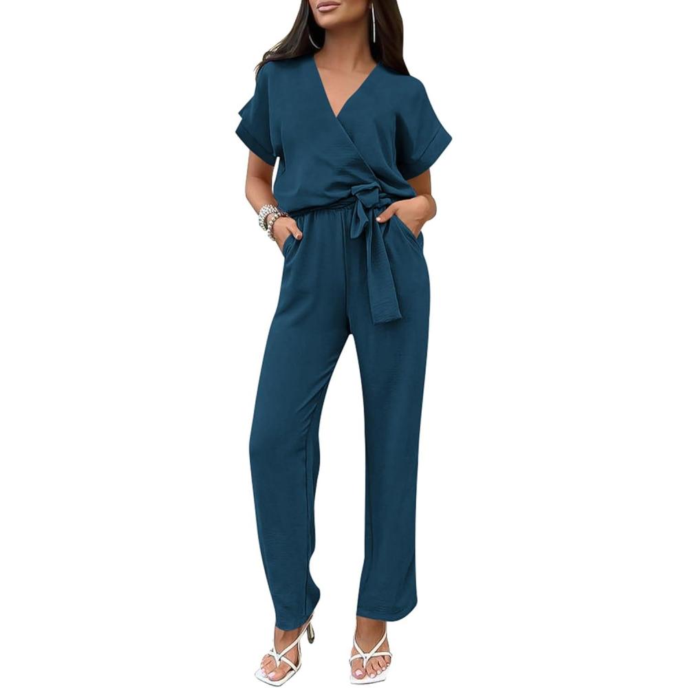 imagePRETTYGARDEN Womens One Piece Jumpsuits Dressy Casual Summer Short Sleeve Wrap V Neck Wide Leg Pants Romper Spring ClothesDark Blue