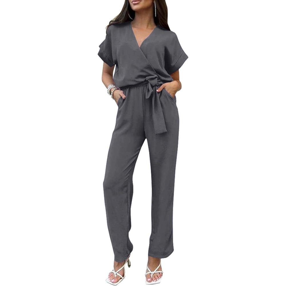 imagePRETTYGARDEN Womens One Piece Jumpsuits Dressy Casual Summer Short Sleeve Wrap V Neck Wide Leg Pants Romper Spring ClothesDark Grey