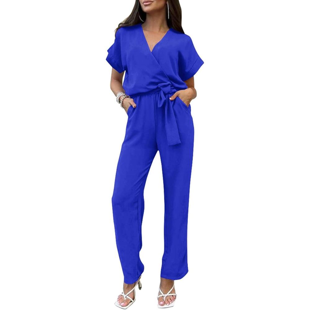 imagePRETTYGARDEN Womens One Piece Jumpsuits Dressy Casual Summer Short Sleeve Wrap V Neck Wide Leg Pants Romper Spring ClothesDark Royal Blue