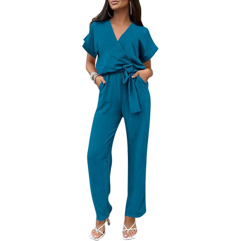 imagePRETTYGARDEN Womens One Piece Jumpsuits Dressy Casual Summer Short Sleeve Wrap V Neck Wide Leg Pants Romper Spring ClothesLake Blue