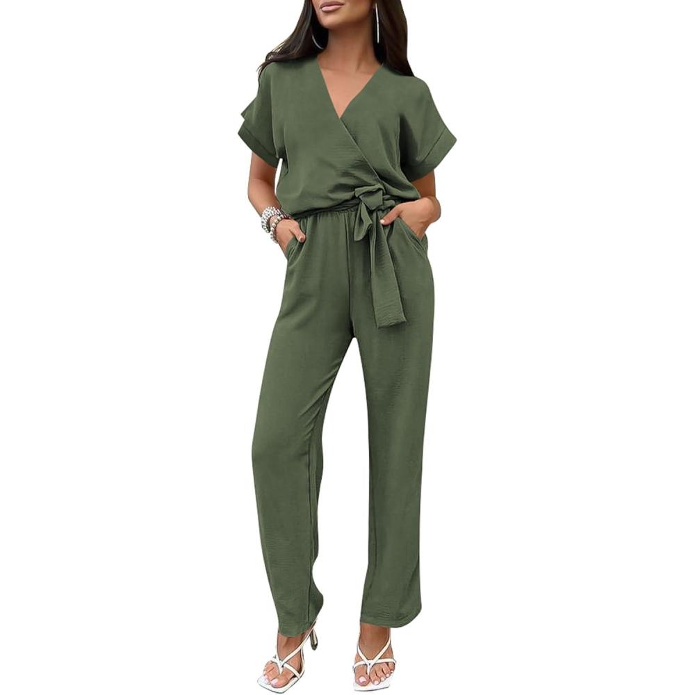 imagePRETTYGARDEN Womens One Piece Jumpsuits Dressy Casual Summer Short Sleeve Wrap V Neck Wide Leg Pants Romper Spring ClothesLight Army Green