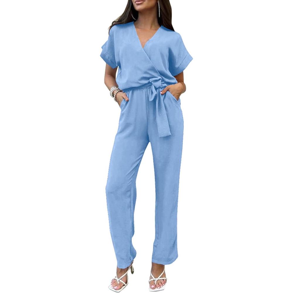 imagePRETTYGARDEN Womens One Piece Jumpsuits Dressy Casual Summer Short Sleeve Wrap V Neck Wide Leg Pants Romper Spring ClothesLight Blue