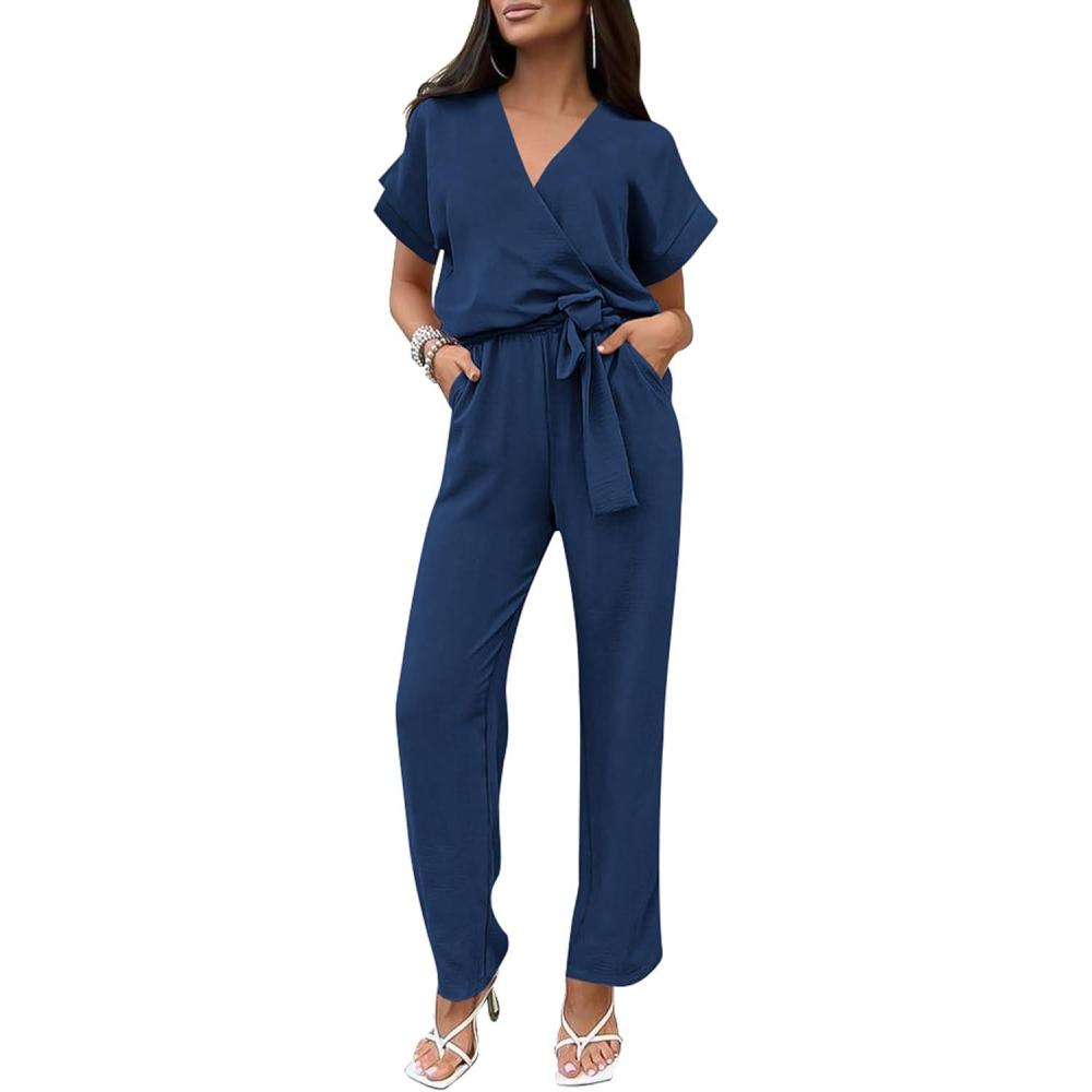 imagePRETTYGARDEN Womens One Piece Jumpsuits Dressy Casual Summer Short Sleeve Wrap V Neck Wide Leg Pants Romper Spring ClothesNavy