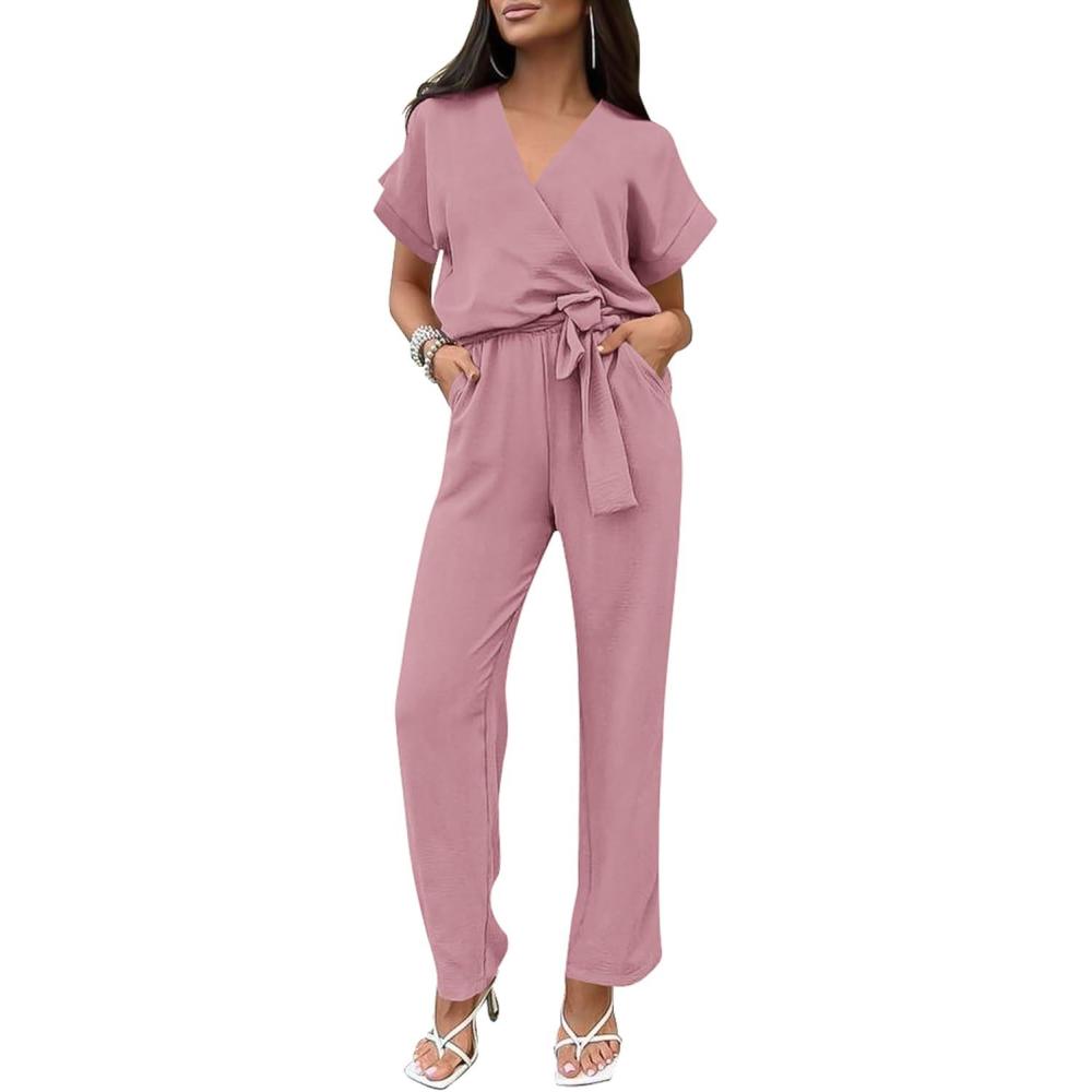 imagePRETTYGARDEN Womens One Piece Jumpsuits Dressy Casual Summer Short Sleeve Wrap V Neck Wide Leg Pants Romper Spring ClothesPink