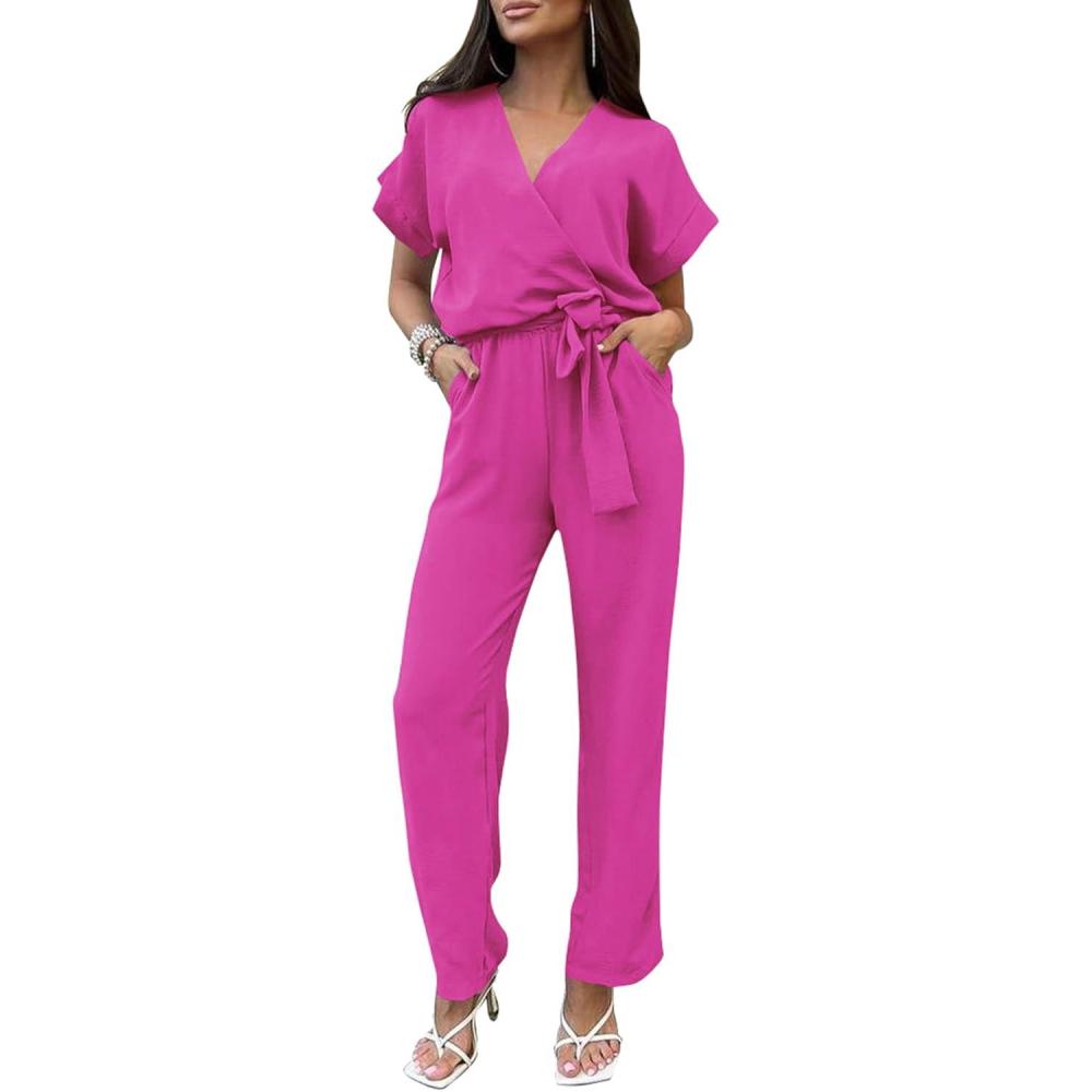 imagePRETTYGARDEN Womens One Piece Jumpsuits Dressy Casual Summer Short Sleeve Wrap V Neck Wide Leg Pants Romper Spring ClothesRose Red