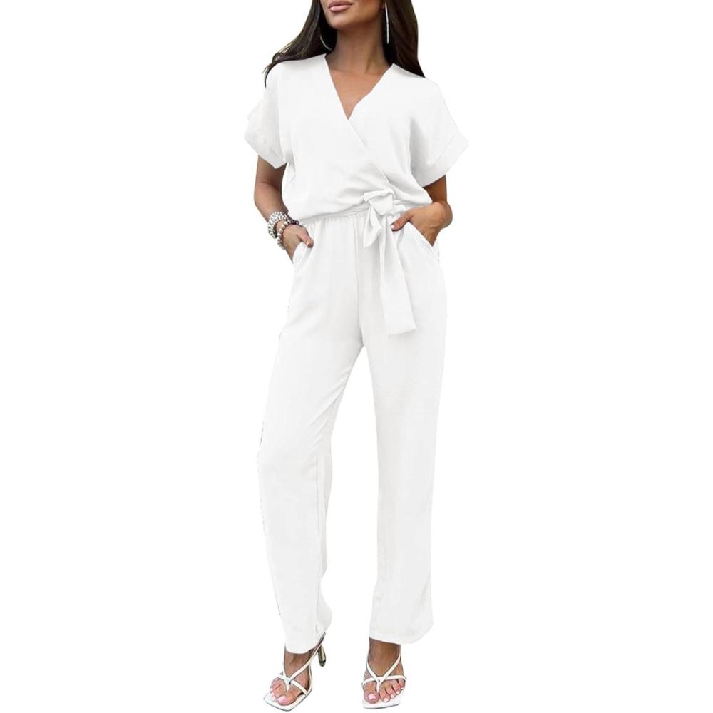 imagePRETTYGARDEN Womens One Piece Jumpsuits Dressy Casual Summer Short Sleeve Wrap V Neck Wide Leg Pants Romper Spring ClothesWhite