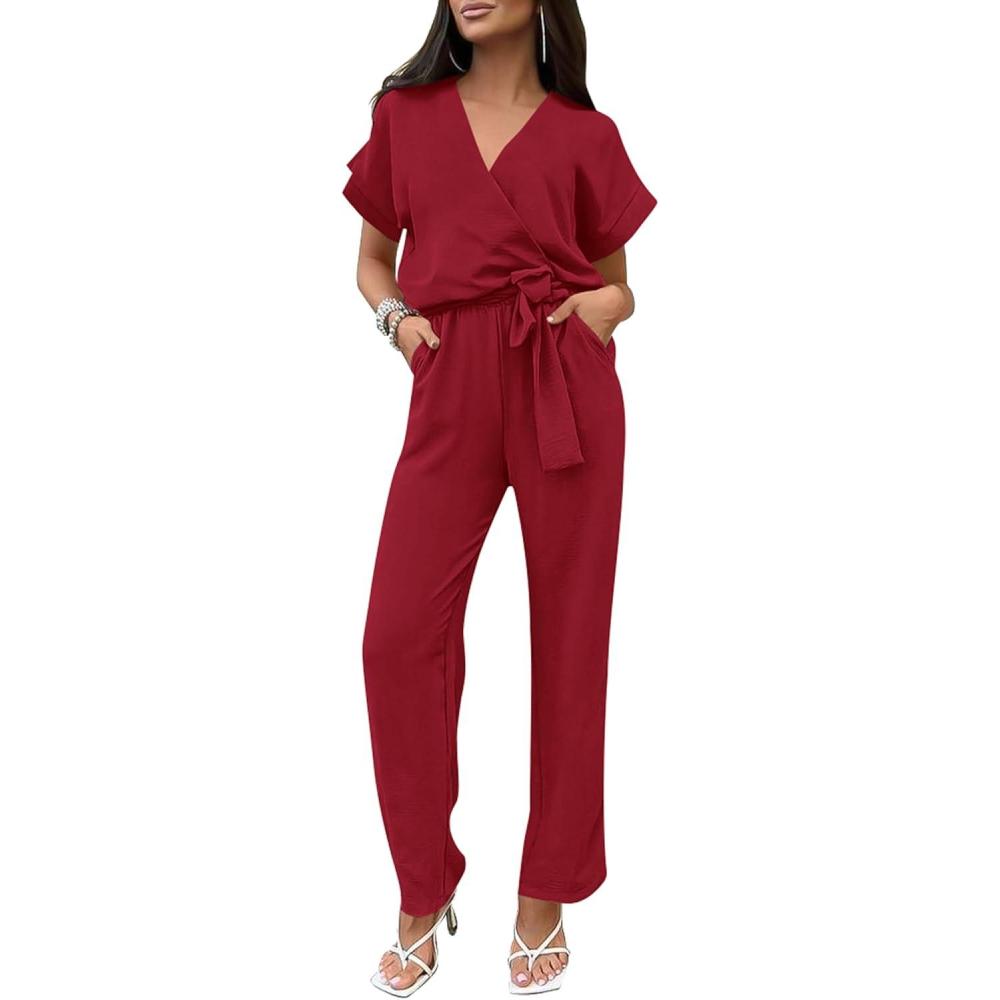 imagePRETTYGARDEN Womens One Piece Jumpsuits Dressy Casual Summer Short Sleeve Wrap V Neck Wide Leg Pants Romper Spring ClothesWine Red