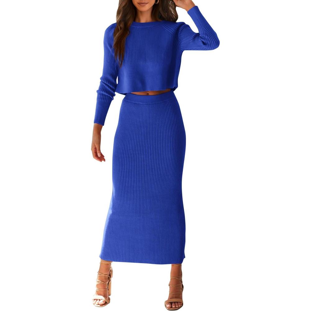 imagePRETTYGARDEN Womens Spring Fall 2 Piece Sweater Set Rib Knit Long Sleeve Crop Top Maxi Bodycon Skirt Casual Winter OutfitsBlue