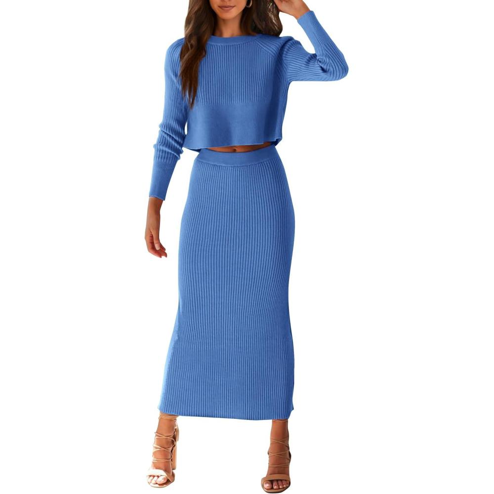 imagePRETTYGARDEN Womens Spring Fall 2 Piece Sweater Set Rib Knit Long Sleeve Crop Top Maxi Bodycon Skirt Casual Winter OutfitsBright Blue