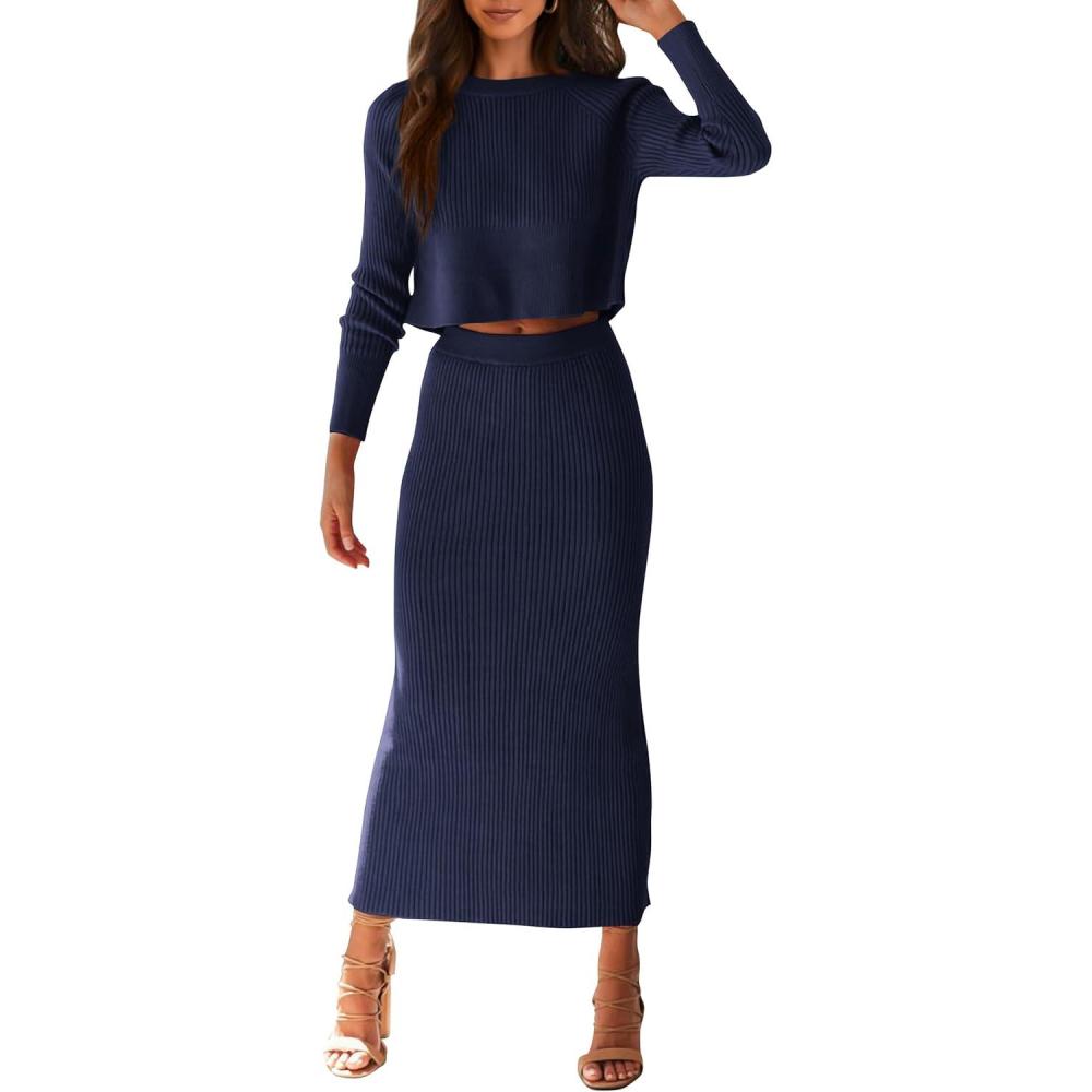 imagePRETTYGARDEN Womens Spring Fall 2 Piece Sweater Set Rib Knit Long Sleeve Crop Top Maxi Bodycon Skirt Casual Winter OutfitsDark Blue