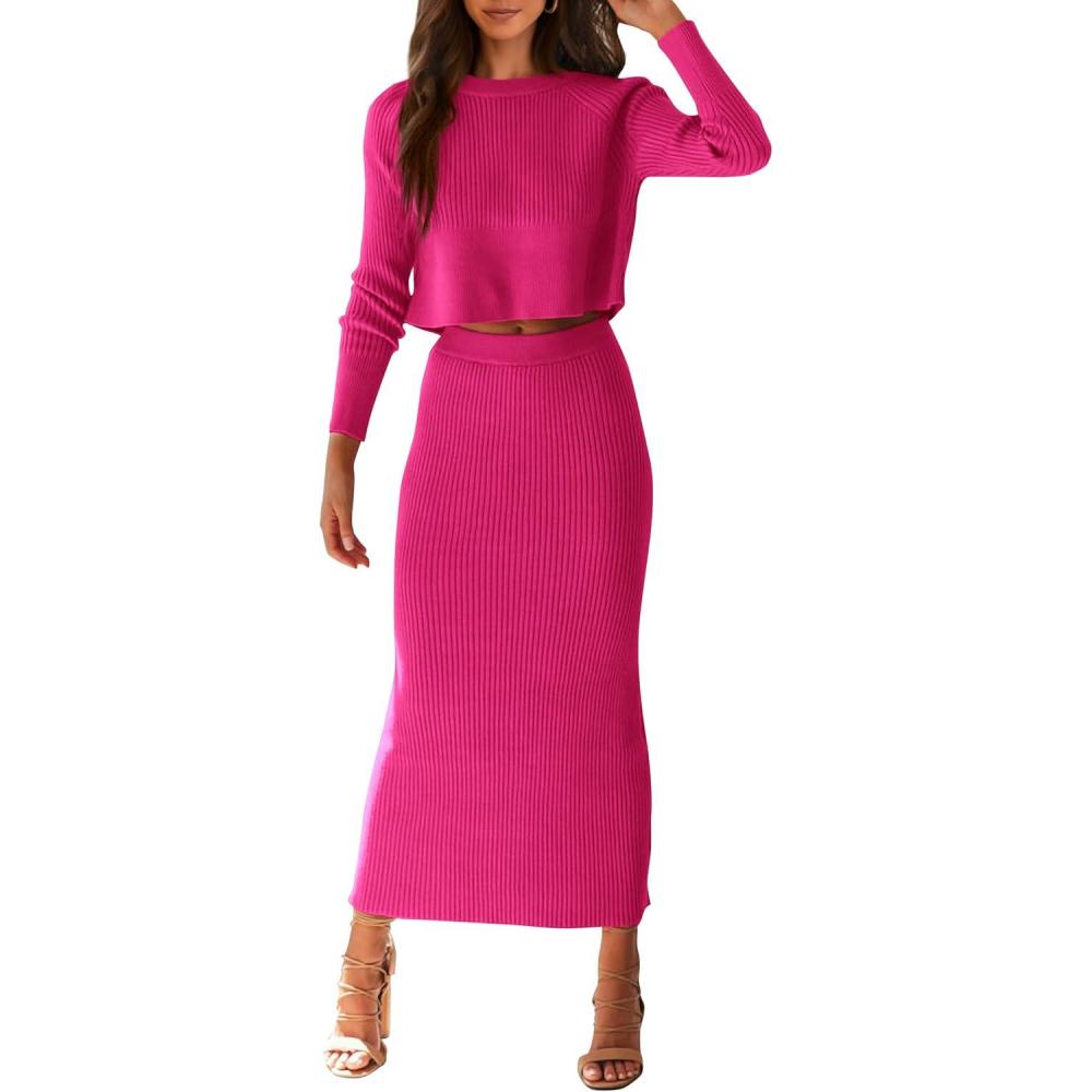 imagePRETTYGARDEN Womens Spring Fall 2 Piece Sweater Set Rib Knit Long Sleeve Crop Top Maxi Bodycon Skirt Casual Winter OutfitsRose Red