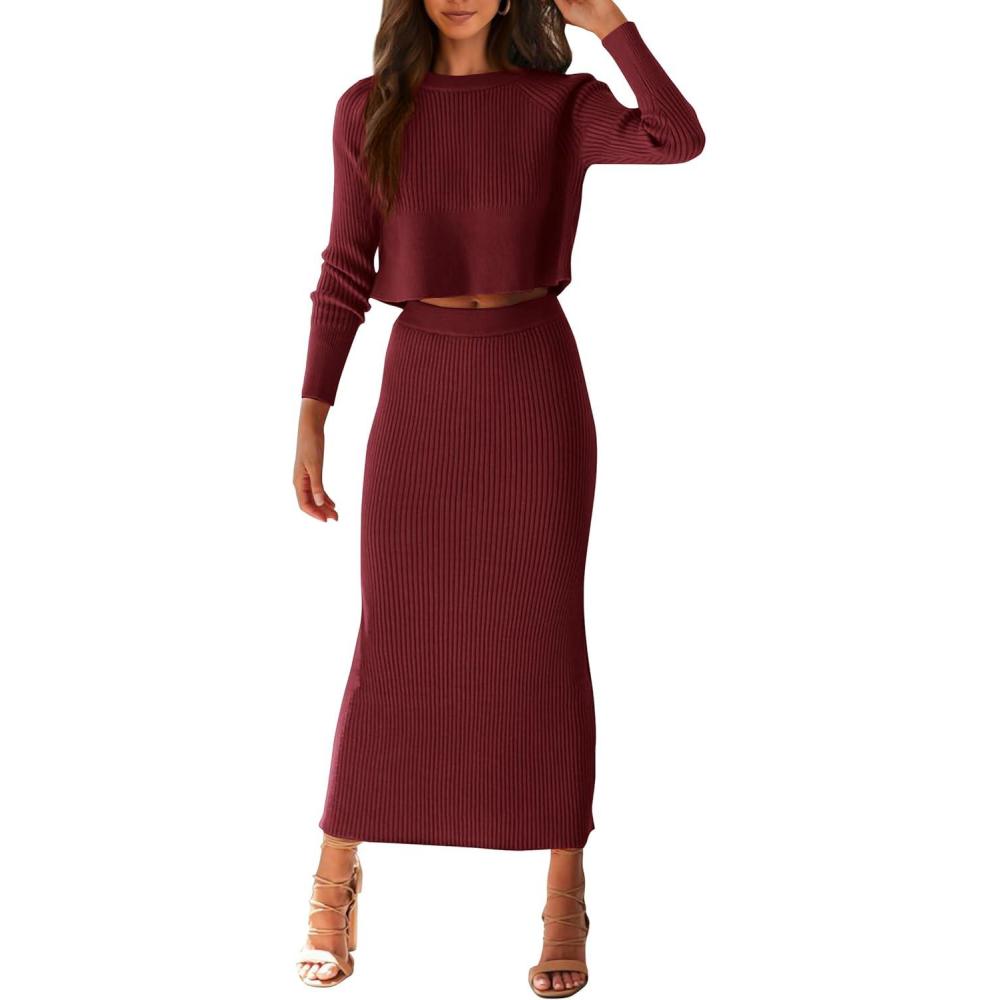 imagePRETTYGARDEN Womens Spring Fall 2 Piece Sweater Set Rib Knit Long Sleeve Crop Top Maxi Bodycon Skirt Casual Winter OutfitsWine Red