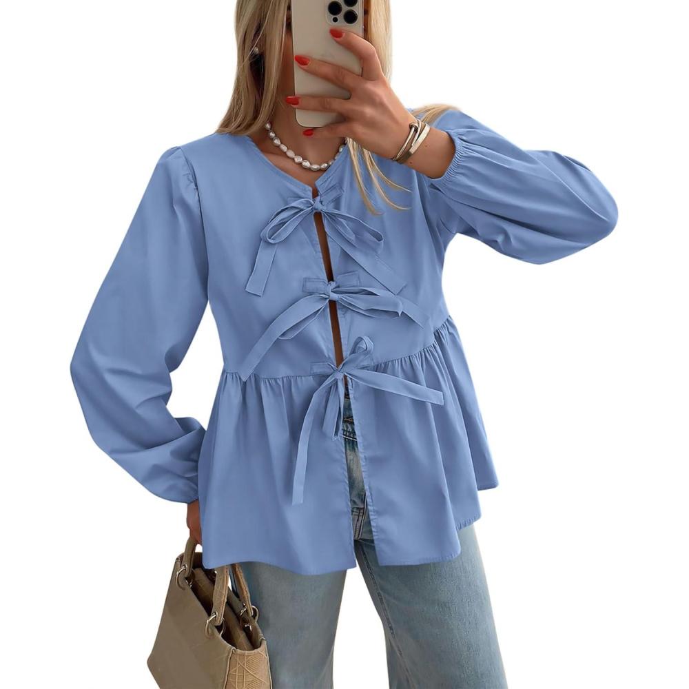 imagePRETTYGARDEN Womens Spring Fall Babydoll Peplum Blouse Shirt Puff Long Sleeve Bow Tie Front Trendy Cute Y2K Going Out TopsSolid Blue