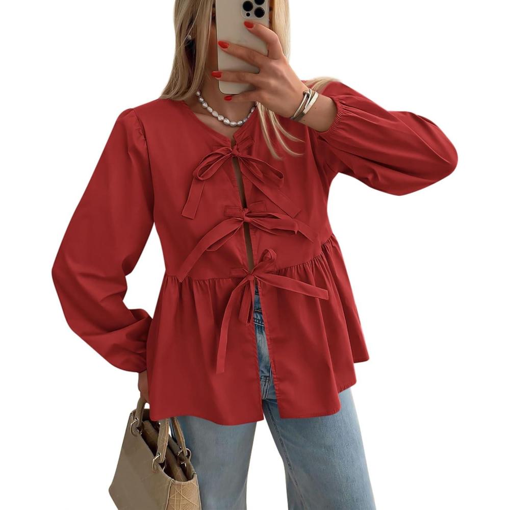 imagePRETTYGARDEN Womens Spring Fall Babydoll Peplum Blouse Shirt Puff Long Sleeve Bow Tie Front Trendy Cute Y2K Going Out TopsSolid Red