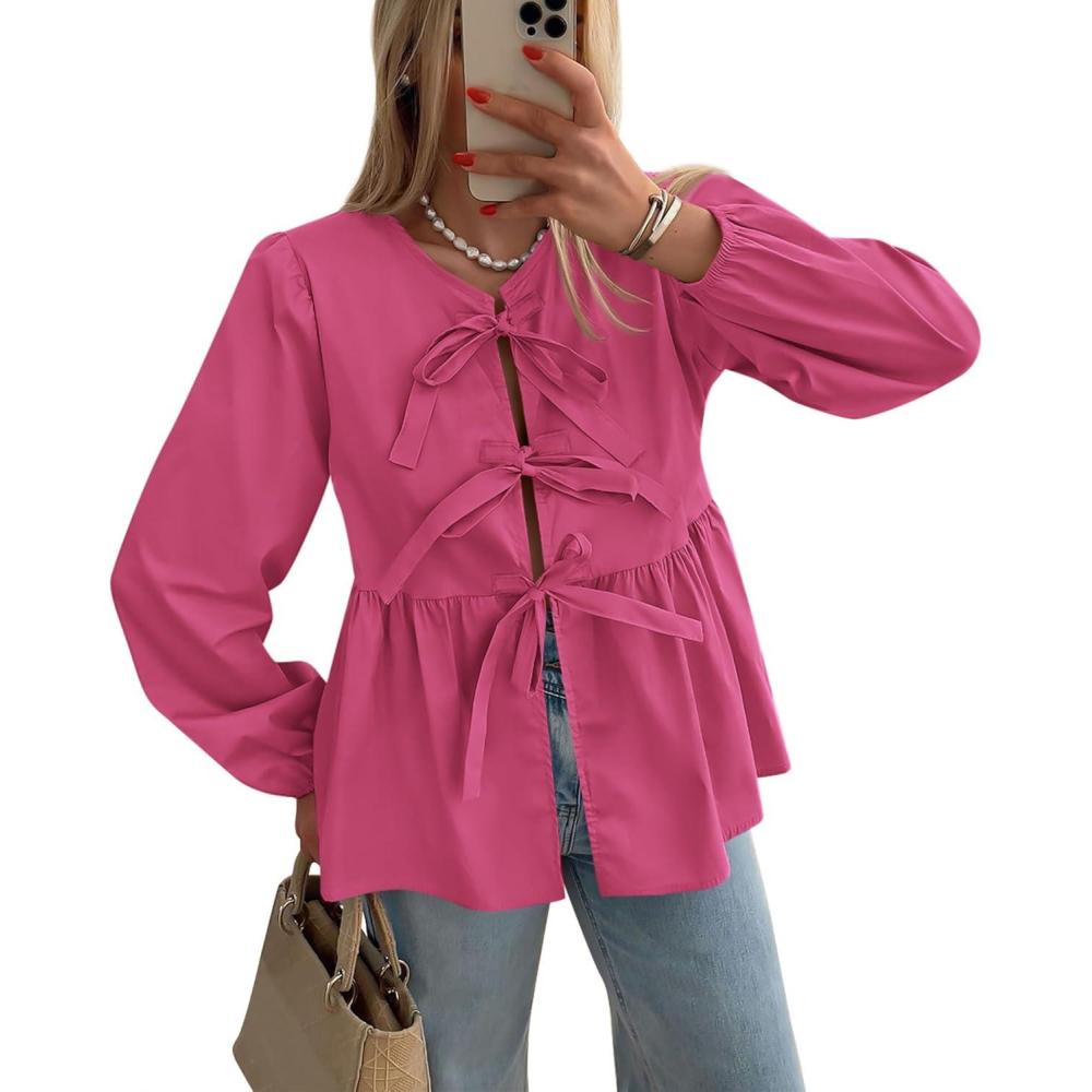 imagePRETTYGARDEN Womens Spring Fall Babydoll Peplum Blouse Shirt Puff Long Sleeve Bow Tie Front Trendy Cute Y2K Going Out TopsSolid Rose Red