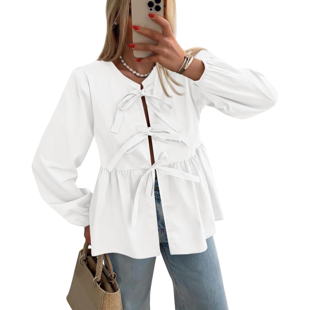 imagePRETTYGARDEN Womens Spring Fall Babydoll Peplum Blouse Shirt Puff Long Sleeve Bow Tie Front Trendy Cute Y2K Going Out TopsWhite