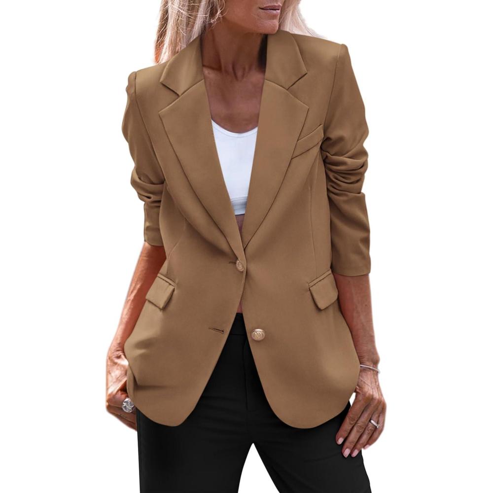 imagePRETTYGARDEN Womens Spring Fall Business Casual Blazers Long Sleeve Notch Lapel Trendy Work Office Blazer Jackets OuterwearKhaki