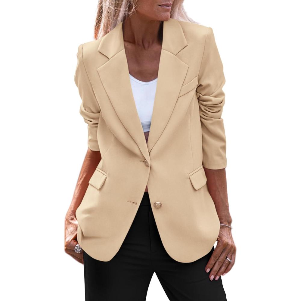 imagePRETTYGARDEN Womens Spring Fall Business Casual Blazers Long Sleeve Notch Lapel Trendy Work Office Blazer Jackets OuterwearLight Khaki