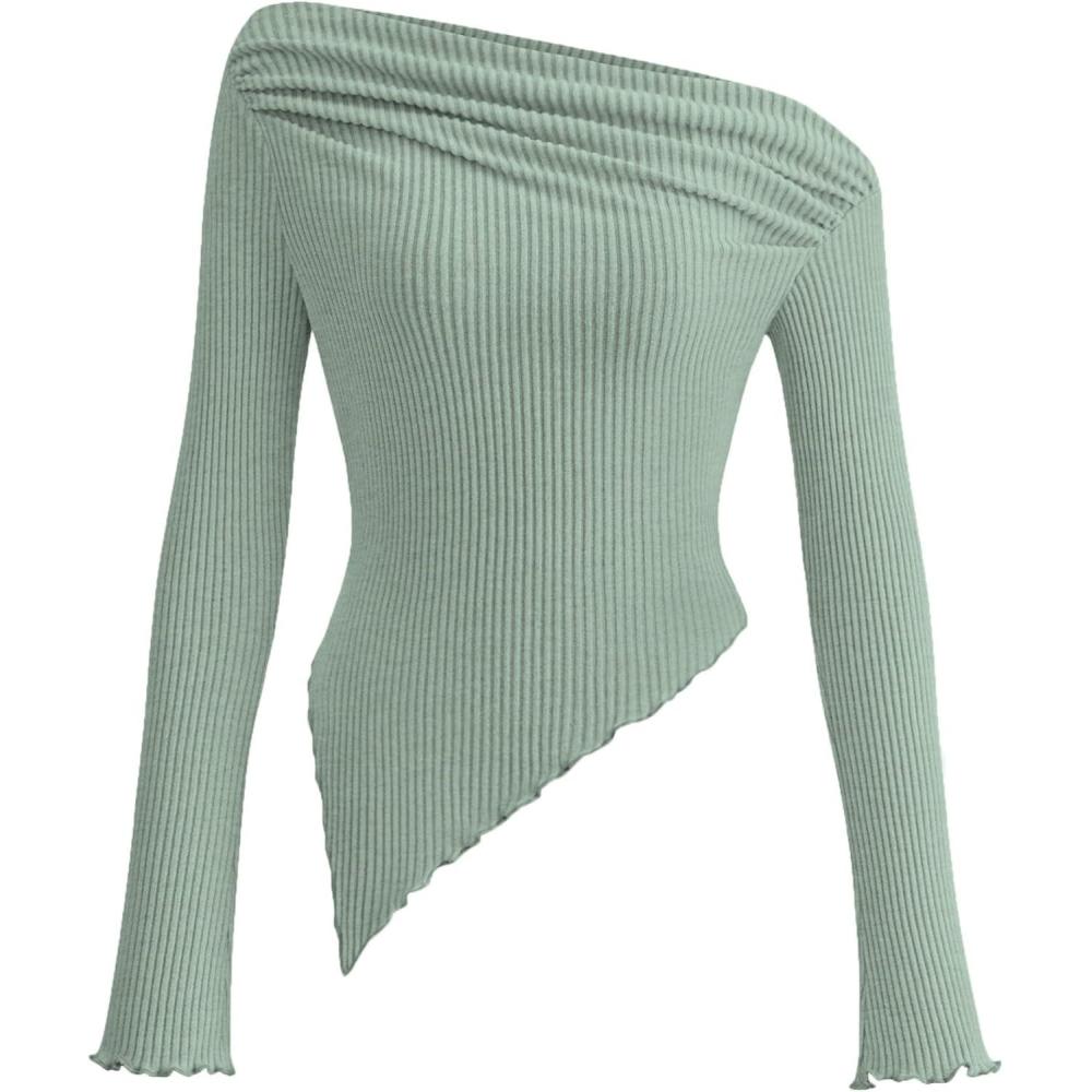 imagePRETTYGARDEN Womens Spring Long Sleeve Y2K Crop Top Trendy Off Shoulder Asymmetrical Fitted Knit Tee Shirts Going Out TopsBean Green