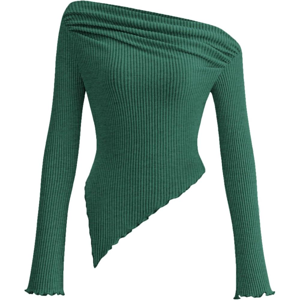 imagePRETTYGARDEN Womens Spring Long Sleeve Y2K Crop Top Trendy Off Shoulder Asymmetrical Fitted Knit Tee Shirts Going Out TopsDark Green