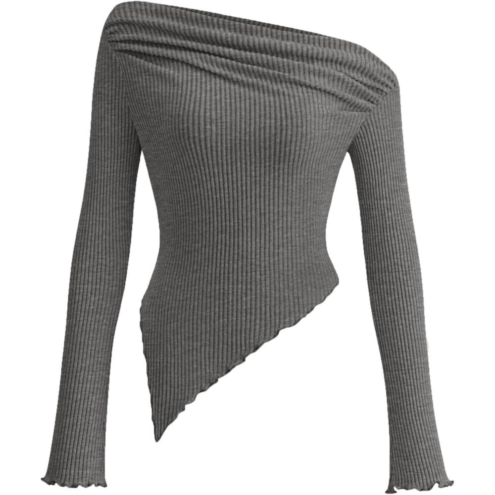 imagePRETTYGARDEN Womens Spring Long Sleeve Y2K Crop Top Trendy Off Shoulder Asymmetrical Fitted Knit Tee Shirts Going Out TopsGrey