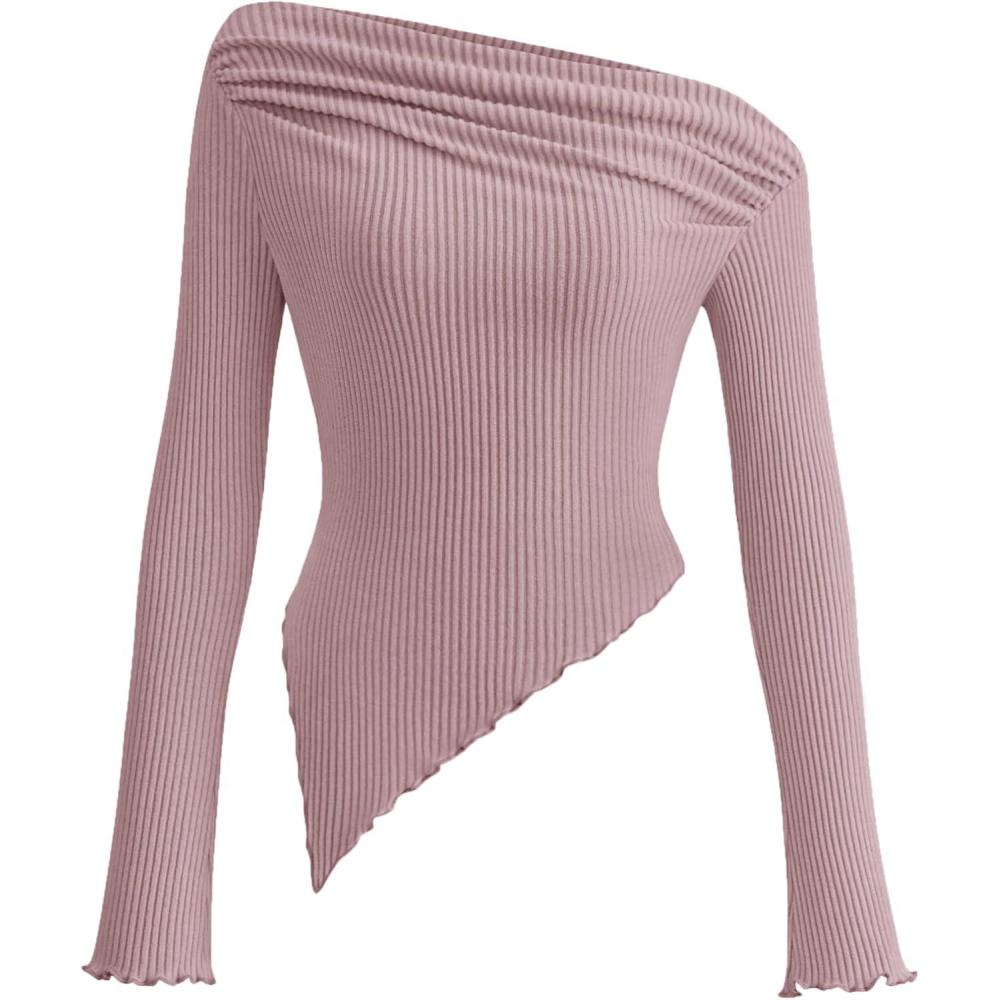 imagePRETTYGARDEN Womens Spring Long Sleeve Y2K Crop Top Trendy Off Shoulder Asymmetrical Fitted Knit Tee Shirts Going Out TopsGrey Pink
