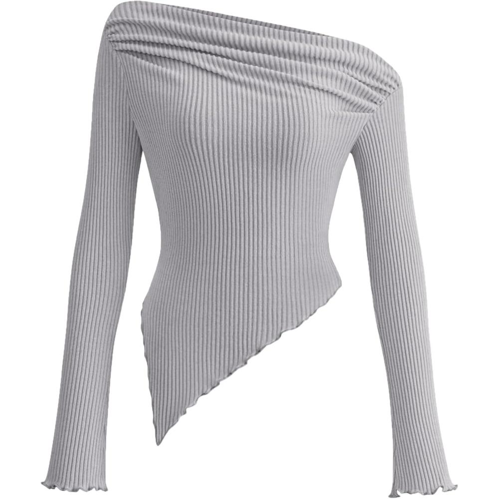imagePRETTYGARDEN Womens Spring Long Sleeve Y2K Crop Top Trendy Off Shoulder Asymmetrical Fitted Knit Tee Shirts Going Out TopsLight Grey