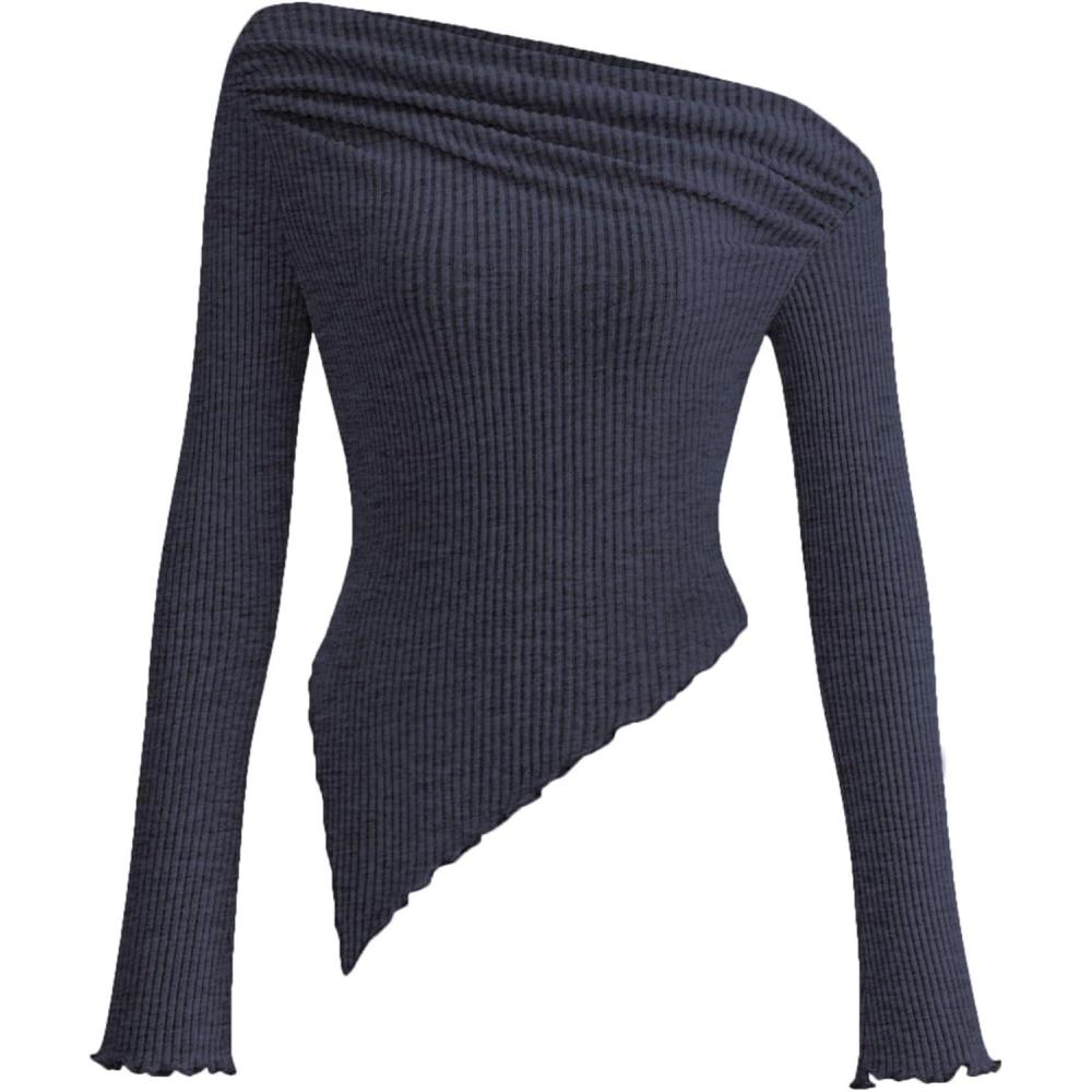 imagePRETTYGARDEN Womens Spring Long Sleeve Y2K Crop Top Trendy Off Shoulder Asymmetrical Fitted Knit Tee Shirts Going Out TopsNavy