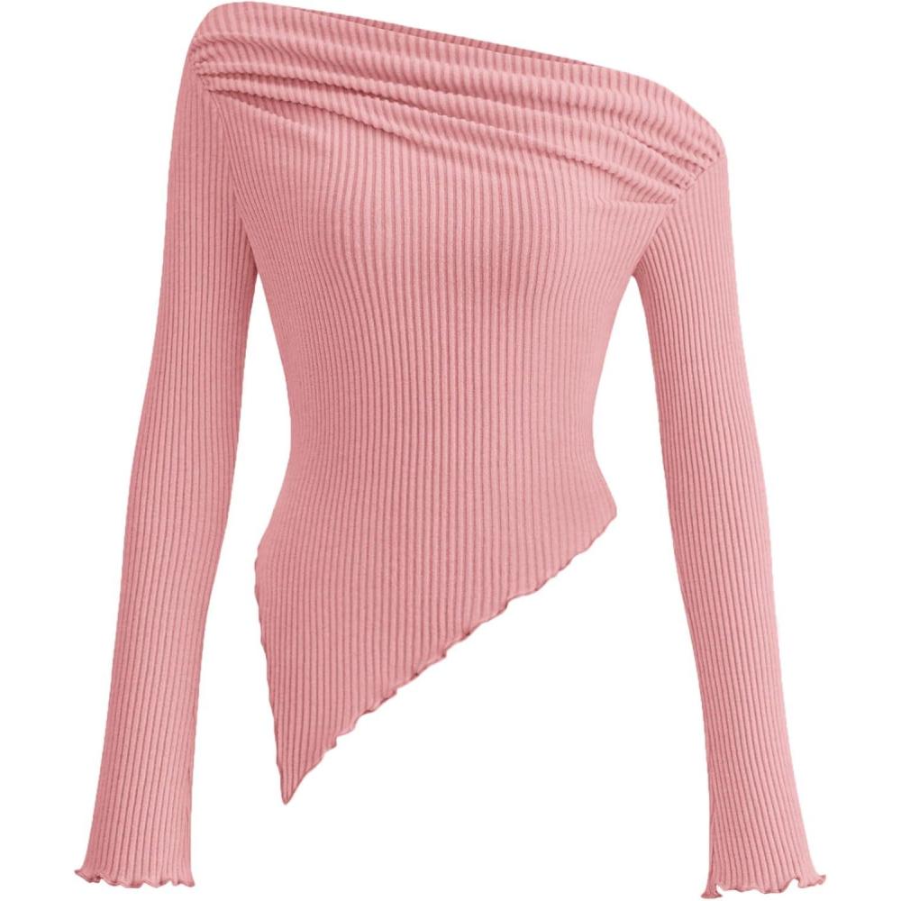 imagePRETTYGARDEN Womens Spring Long Sleeve Y2K Crop Top Trendy Off Shoulder Asymmetrical Fitted Knit Tee Shirts Going Out TopsPink