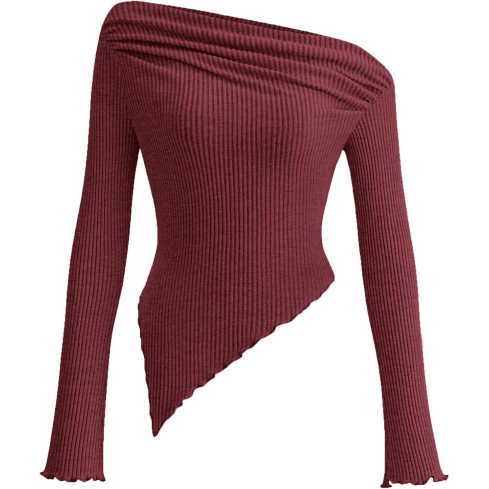 imagePRETTYGARDEN Womens Spring Long Sleeve Y2K Crop Top Trendy Off Shoulder Asymmetrical Fitted Knit Tee Shirts Going Out TopsWine Red