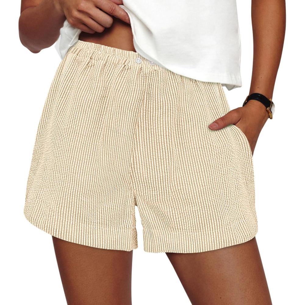 imagePRETTYGARDEN Womens Striped Boxer Shorts Summer 2026 Trendy Casual Elastic Waist Lounge Sleep Pajama Bottoms Beach ShortsStriped Apricot White