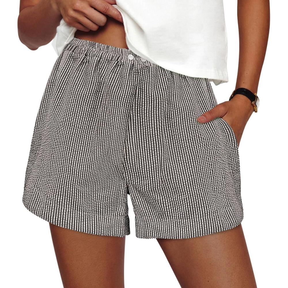 imagePRETTYGARDEN Womens Striped Boxer Shorts Summer 2026 Trendy Casual Elastic Waist Lounge Sleep Pajama Bottoms Beach ShortsStriped Black White