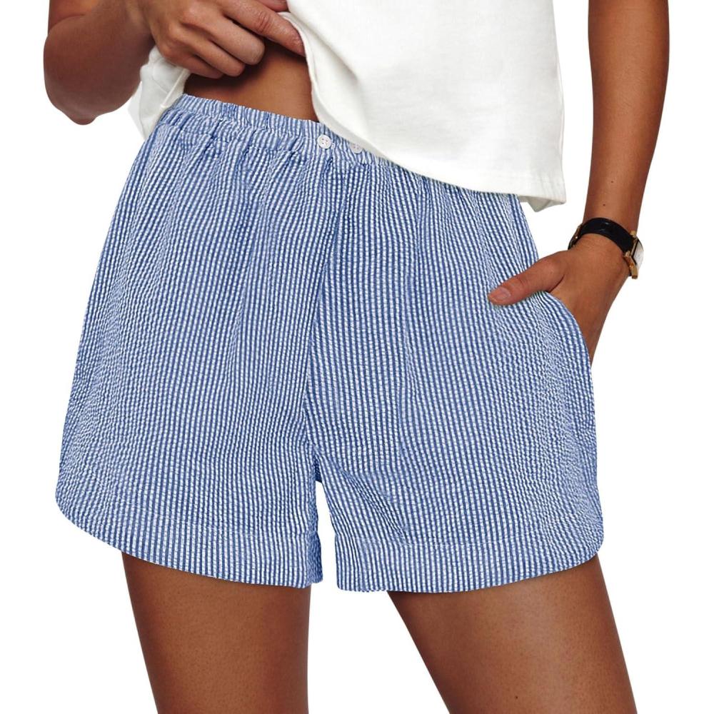 imagePRETTYGARDEN Womens Striped Boxer Shorts Summer 2026 Trendy Casual Elastic Waist Lounge Sleep Pajama Bottoms Beach ShortsStriped Blue White