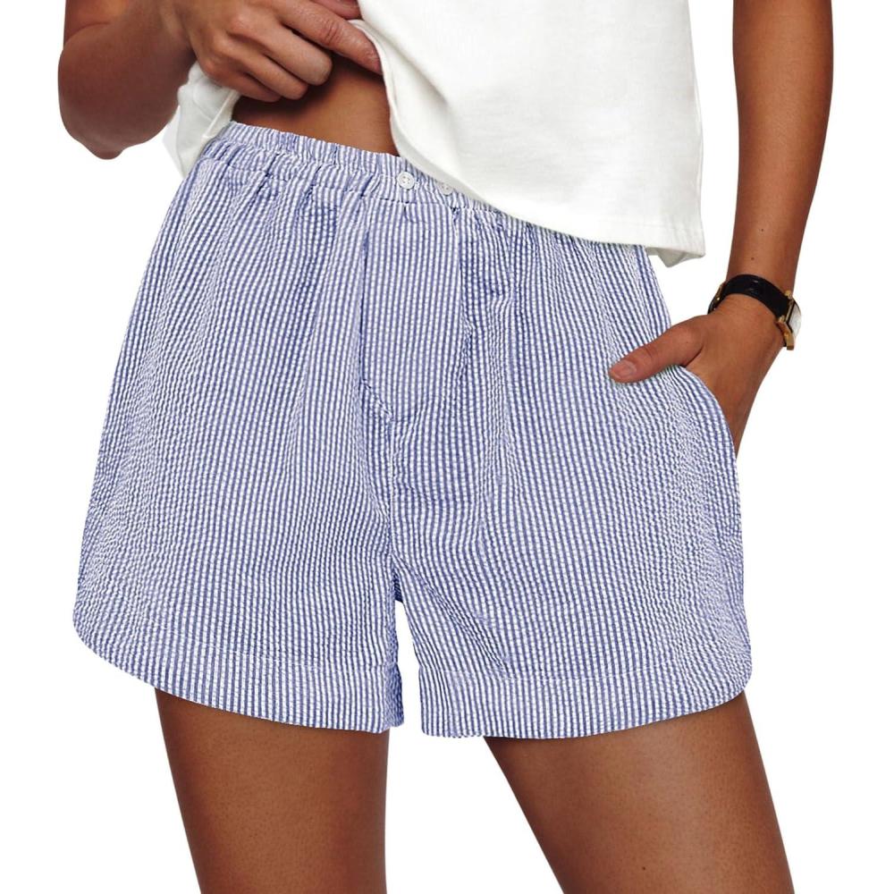 imagePRETTYGARDEN Womens Striped Boxer Shorts Summer 2026 Trendy Casual Elastic Waist Lounge Sleep Pajama Bottoms Beach ShortsStriped Dark Blue White