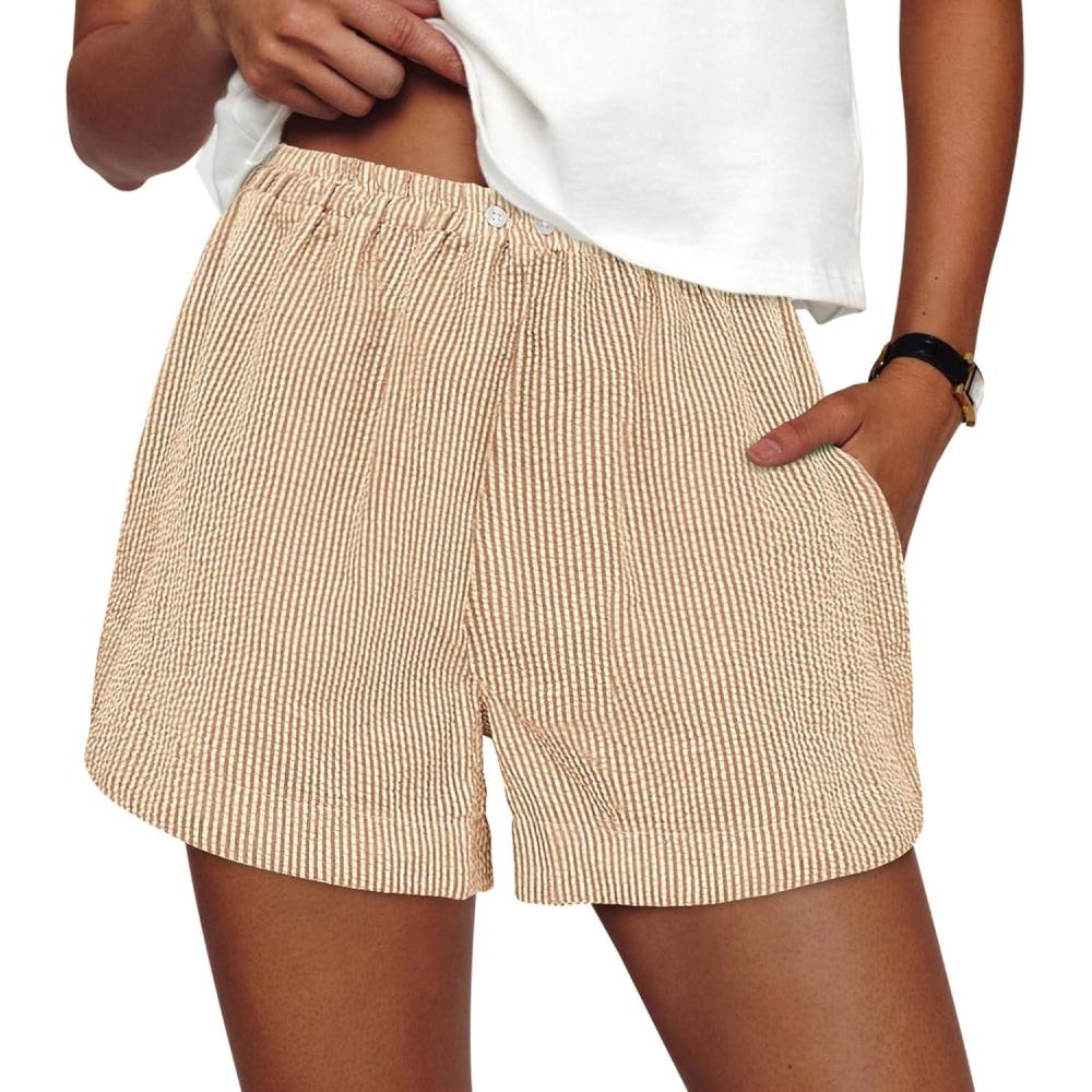 imagePRETTYGARDEN Womens Striped Boxer Shorts Summer 2026 Trendy Casual Elastic Waist Lounge Sleep Pajama Bottoms Beach ShortsStriped Khaki White
