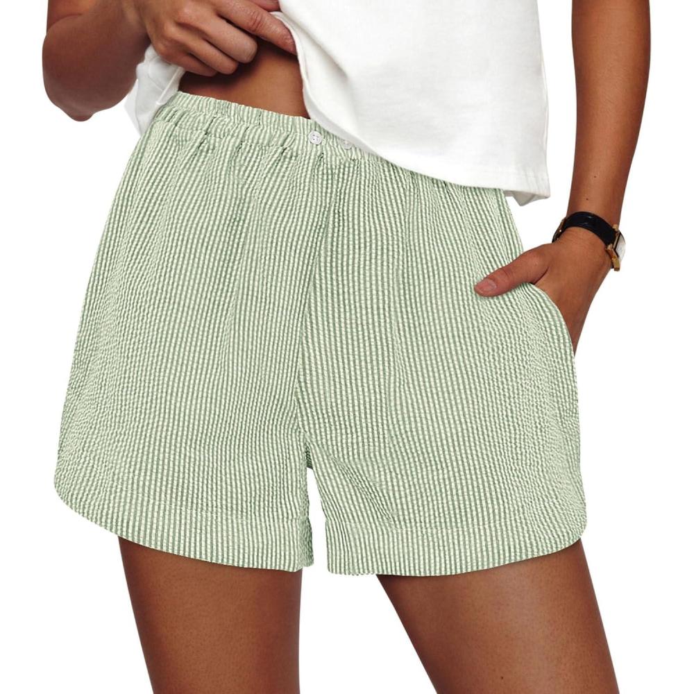 imagePRETTYGARDEN Womens Striped Boxer Shorts Summer 2026 Trendy Casual Elastic Waist Lounge Sleep Pajama Bottoms Beach ShortsStriped Light Green White