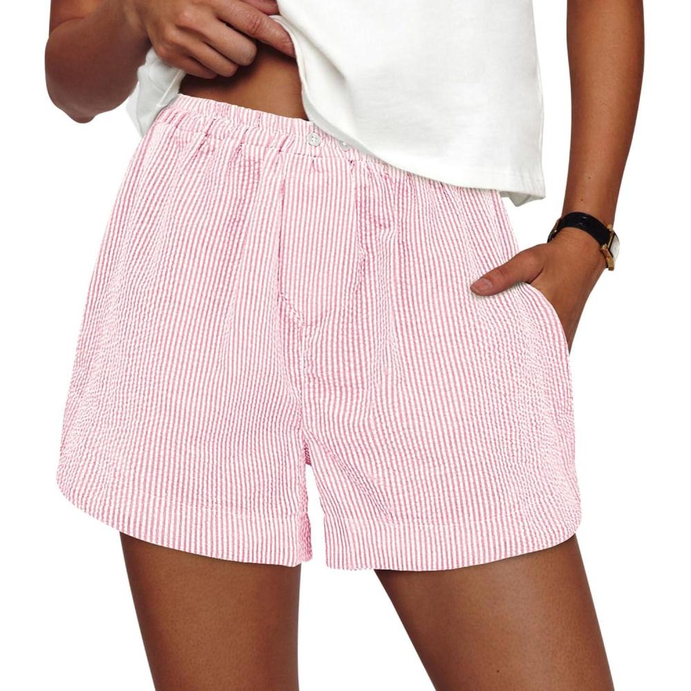 imagePRETTYGARDEN Womens Striped Boxer Shorts Summer 2026 Trendy Casual Elastic Waist Lounge Sleep Pajama Bottoms Beach ShortsStriped Light Pink White