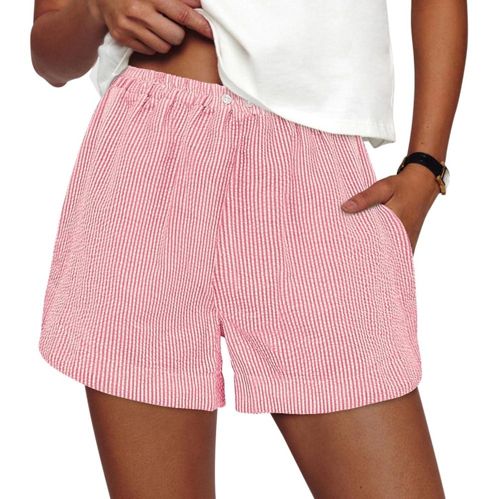 imagePRETTYGARDEN Womens Striped Boxer Shorts Summer 2026 Trendy Casual Elastic Waist Lounge Sleep Pajama Bottoms Beach ShortsStriped Pink White